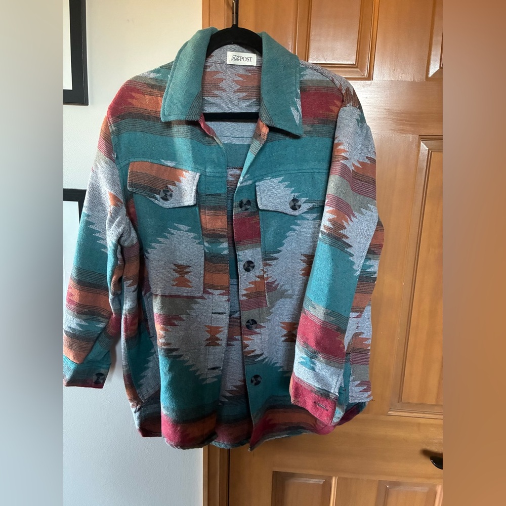 The Post Southwest Aztec Print Shirt Jacket Shacket Teal Red Size M